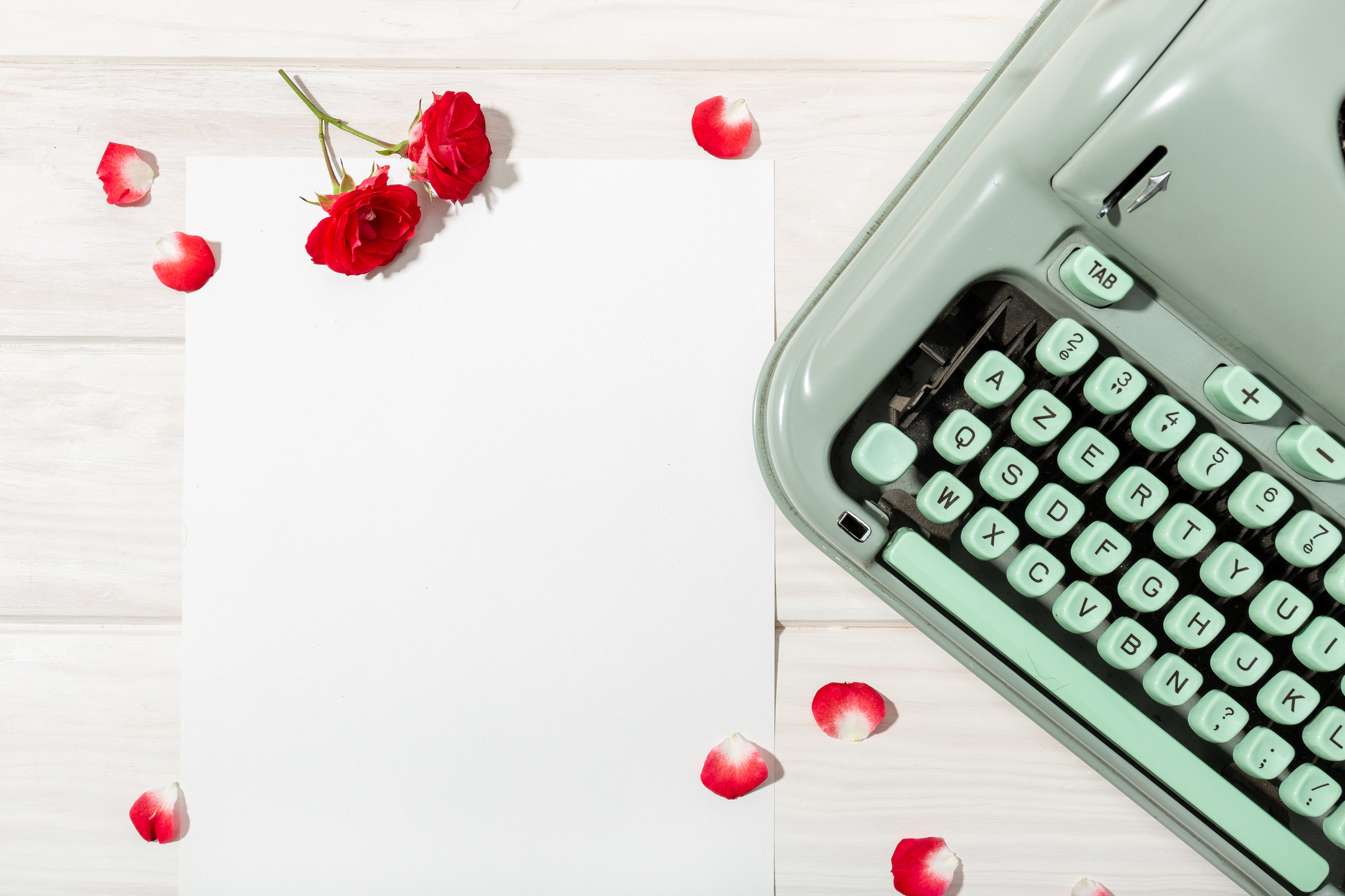 Valentine Blank Card Mockup and Typewriter on White Wooden Background